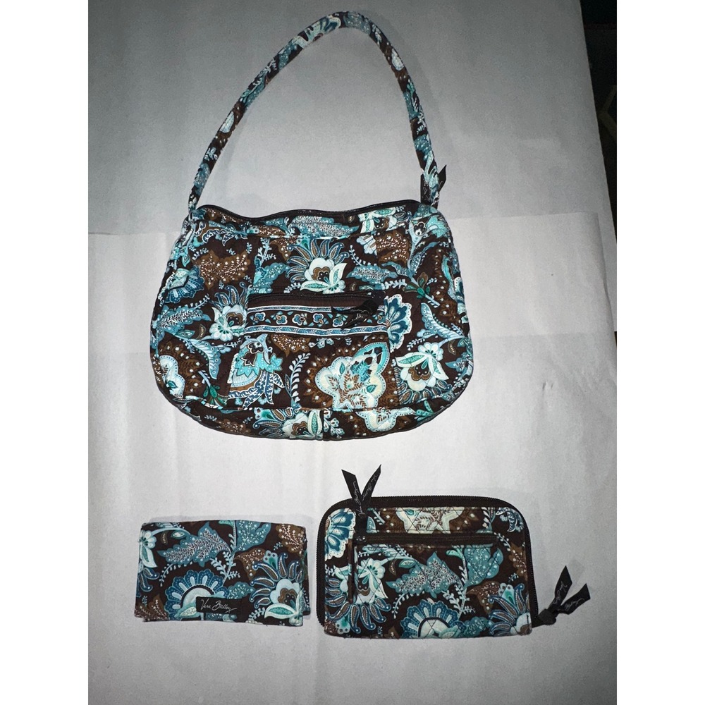 Vintage Vera Bradley 3 Piece Set Java Blue Shoulder Bag Wallet Checkbook Cover
